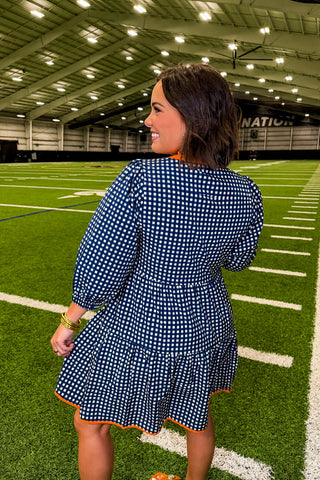 The Cooper Dress in Gingham Navy/Orange by Mary Square