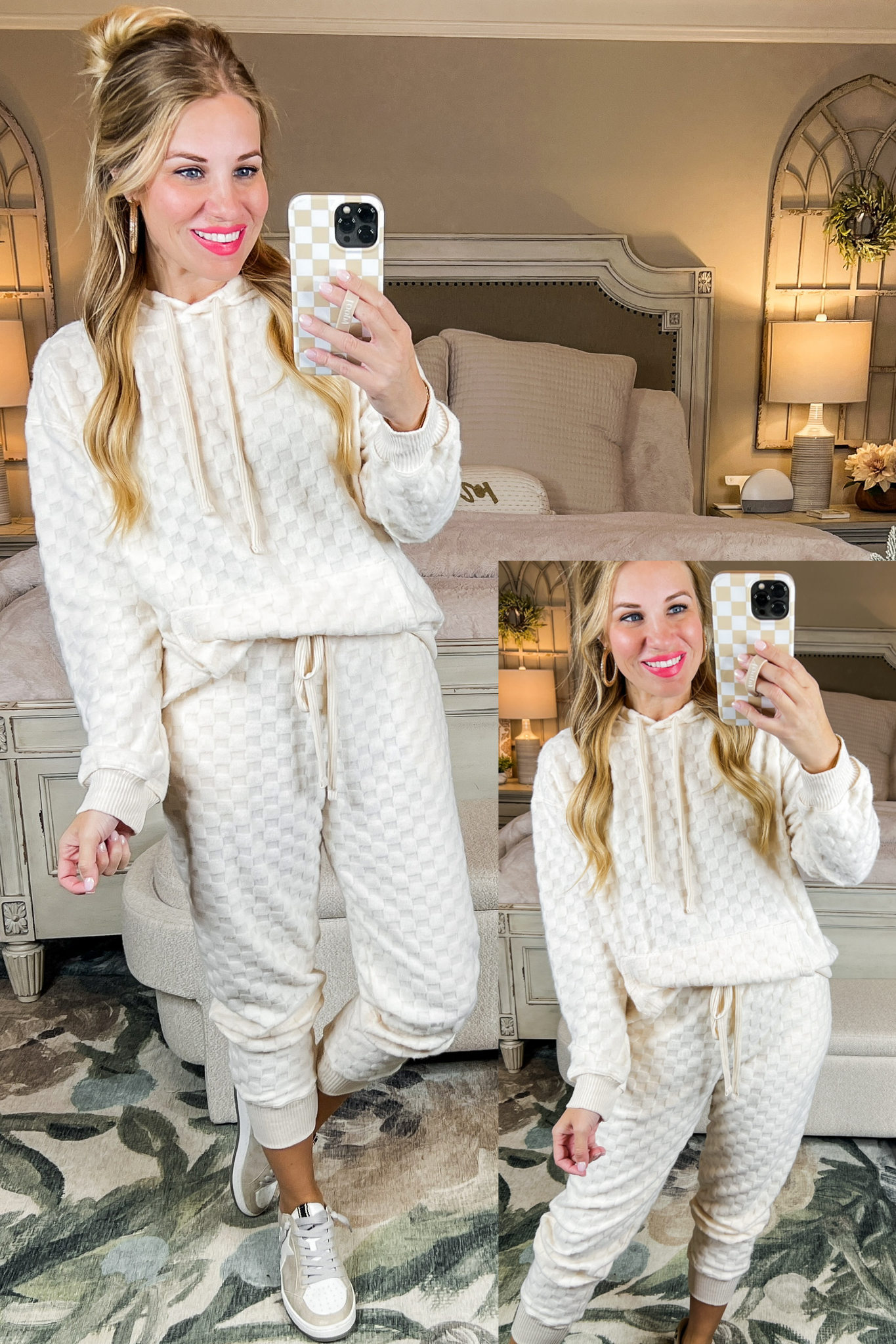 Ivory Checkered Textured Hooded Top/Jogger Set