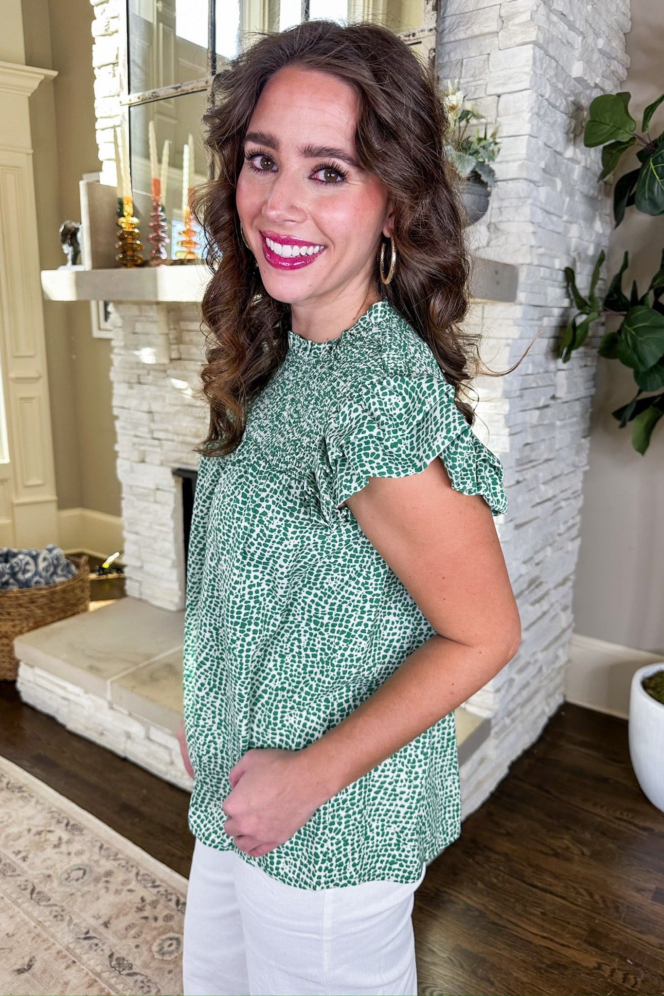 Kelly Green Speckled Smocked Ruffle Sleeve Blouse