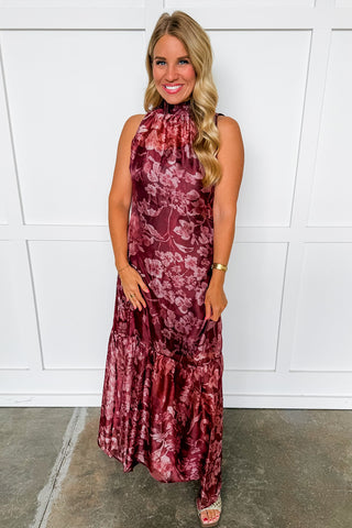 The Amelia Soirée Organza Midi Dress in Rust Floral