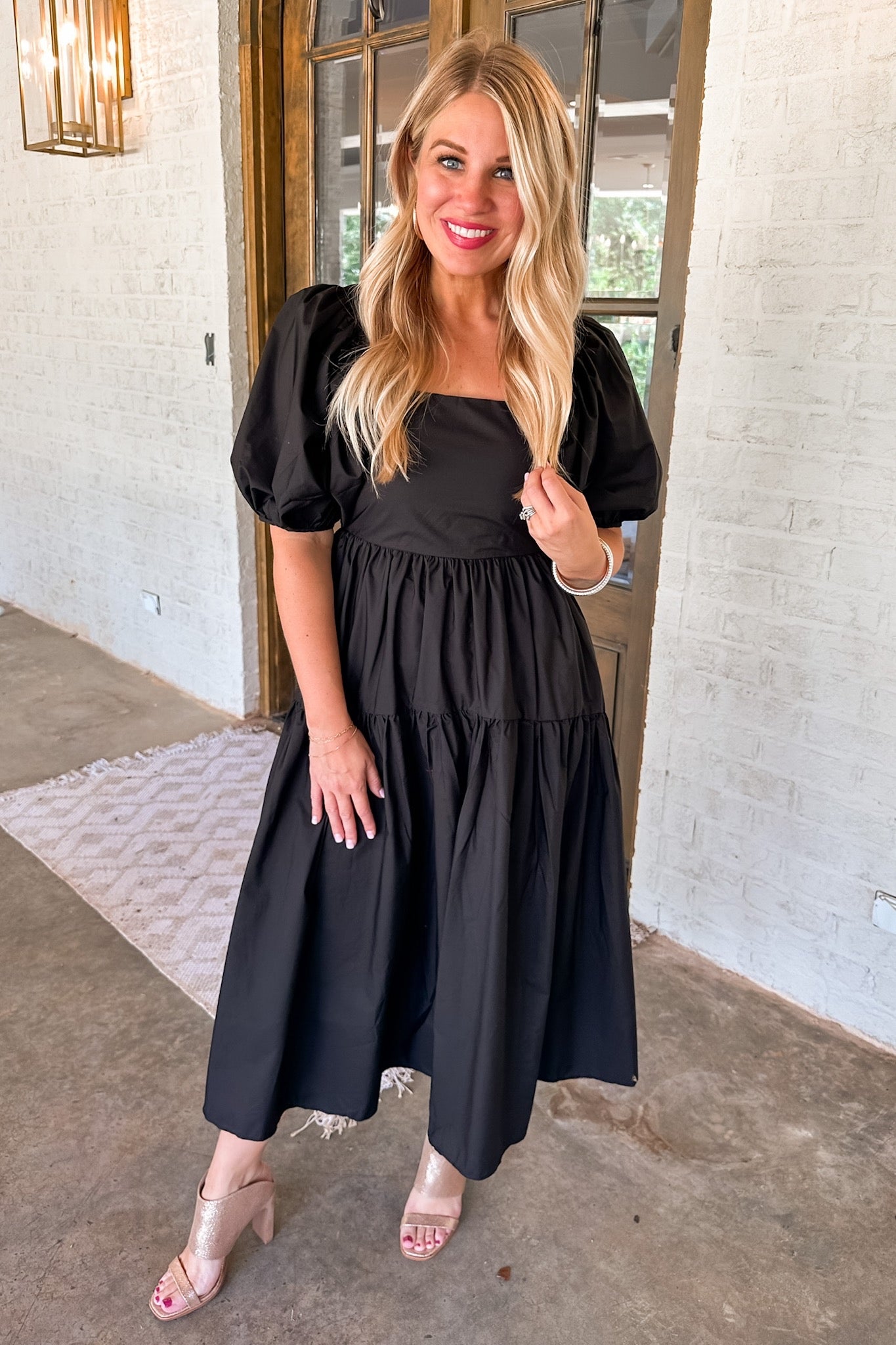 Square Neck Puff Sleeve Tiered Midi Dress in Black