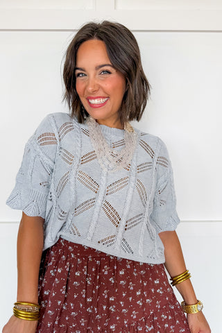 The Delilah Scallop Open Knit Top in Light Blue