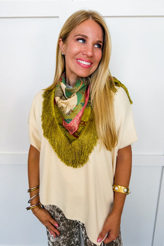 The Dolly Square Fringe Scarf in Garden Crane