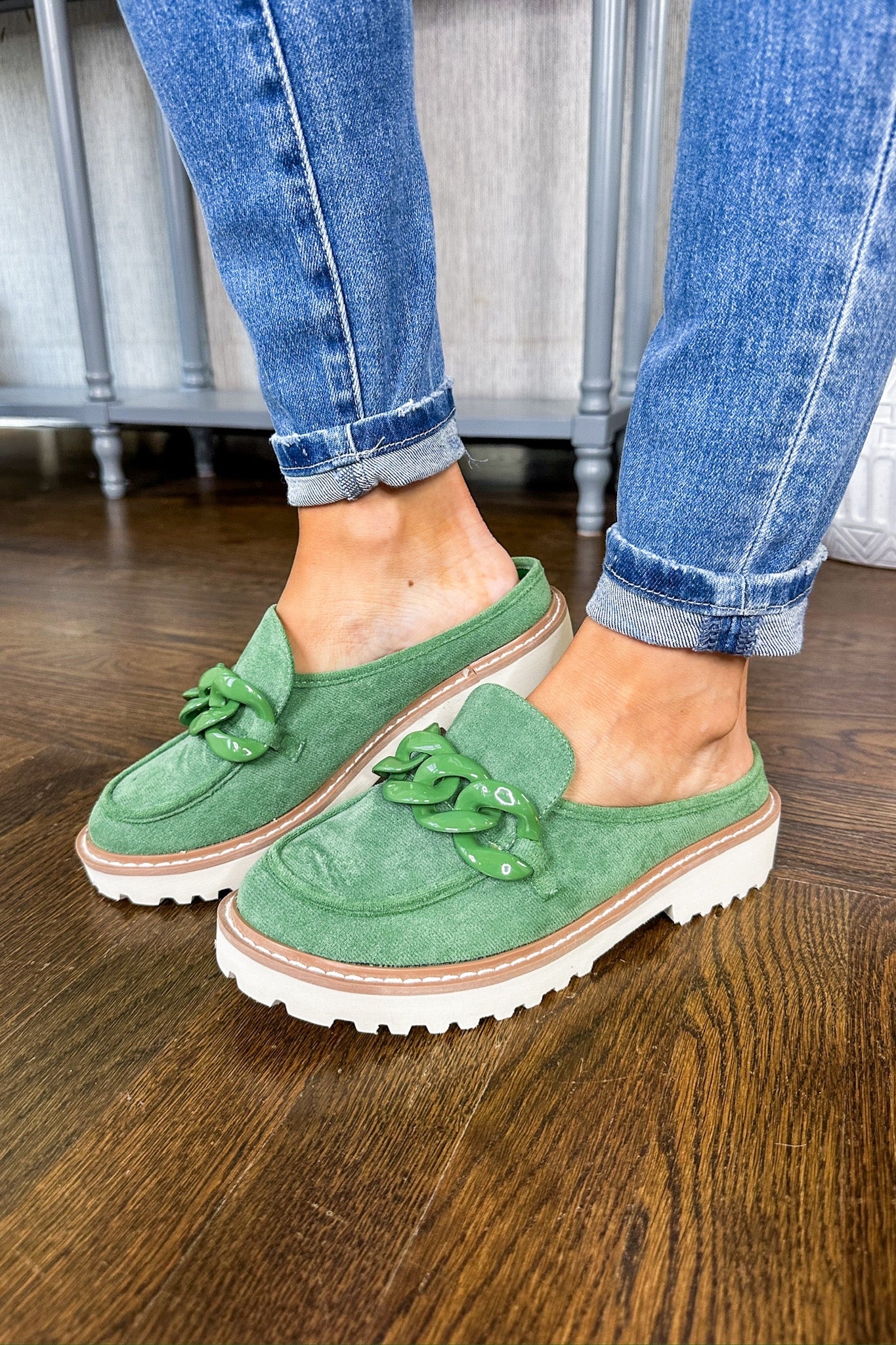 The Mora Suede Chunky Chain Backless Lug Sole Loafer in Forest Green