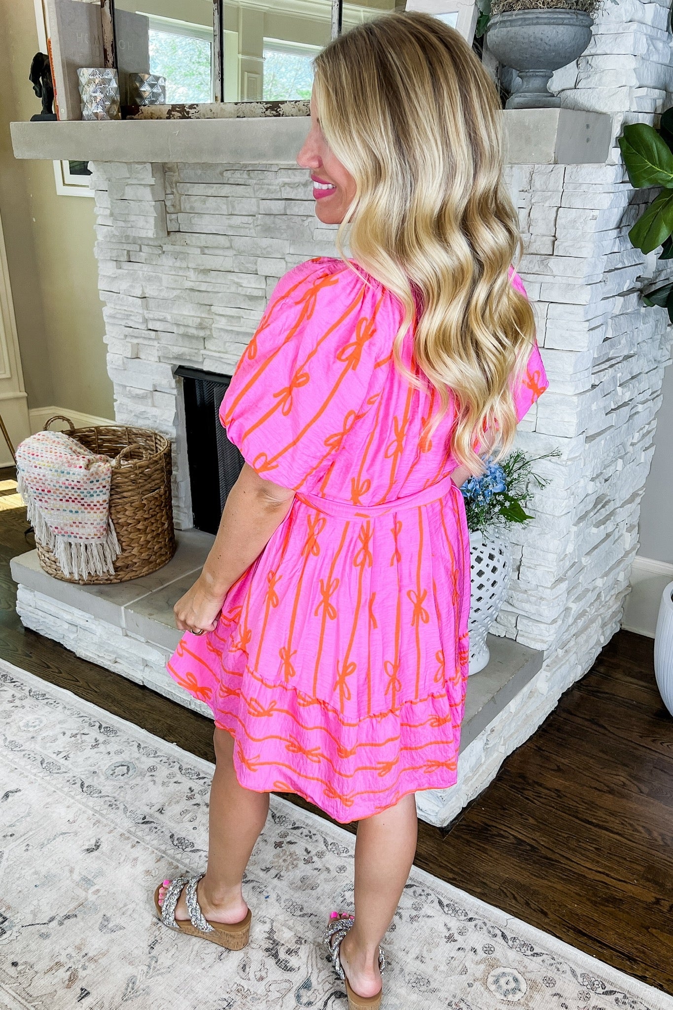 Orange Coquette Bow Bubble Sleeve Button Down Pink Dress