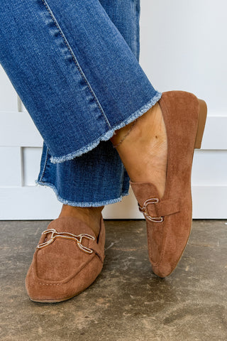 Won the Lottery Crystal Gold Metal Chain Suede Loafer in Camel