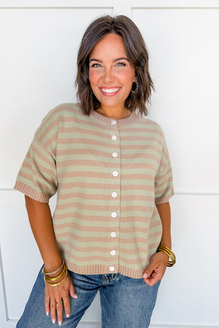 Better Together Stripe Button Down Top in Mushroom & Sage