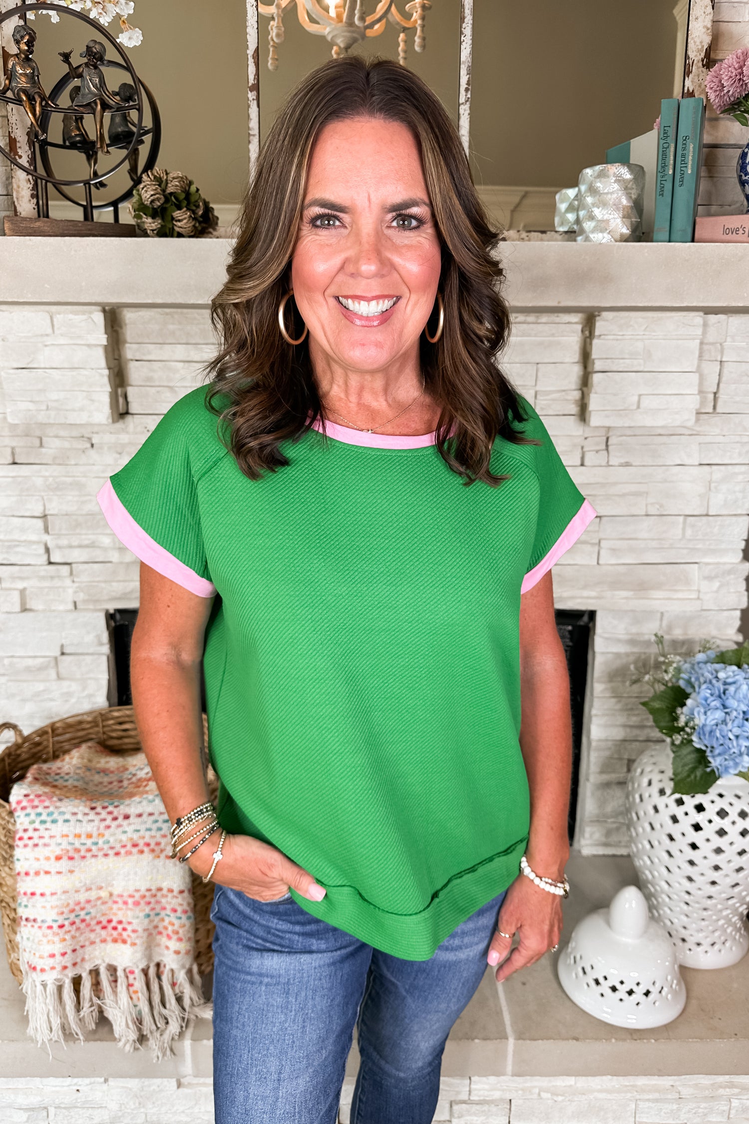 Green Ribbed Exposed Seam Pink Trim Top