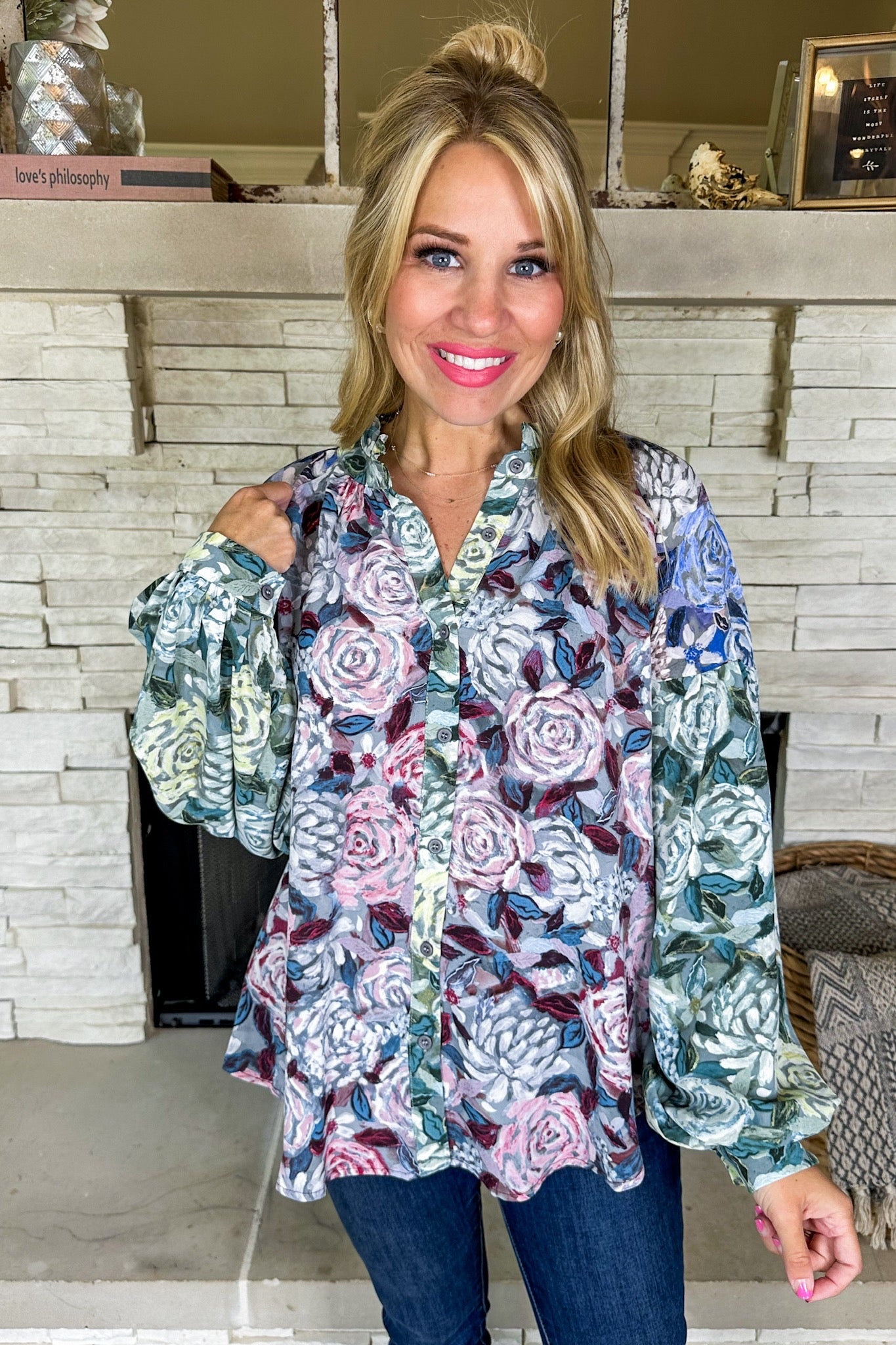 Painted Pastel Floral Ruffle Neck Button Down Top