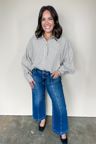 Black & Cream Billowy Striped Button Down Top