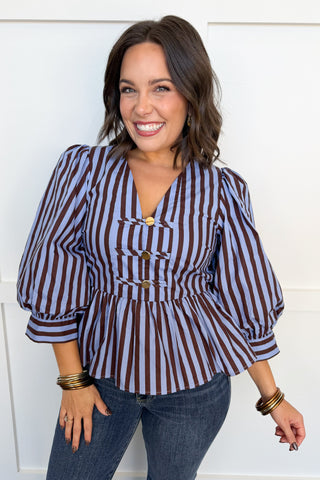 Made To Stand Out Stripe Peplum Top in Blue & Brown