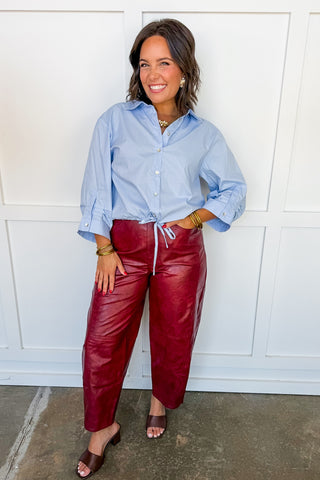 Perfectly Polished Tie Front Button Down Top in Blue