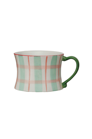 Pastel Garden Hand-Painted Stoneware Mug in Mint Meadow Plaid