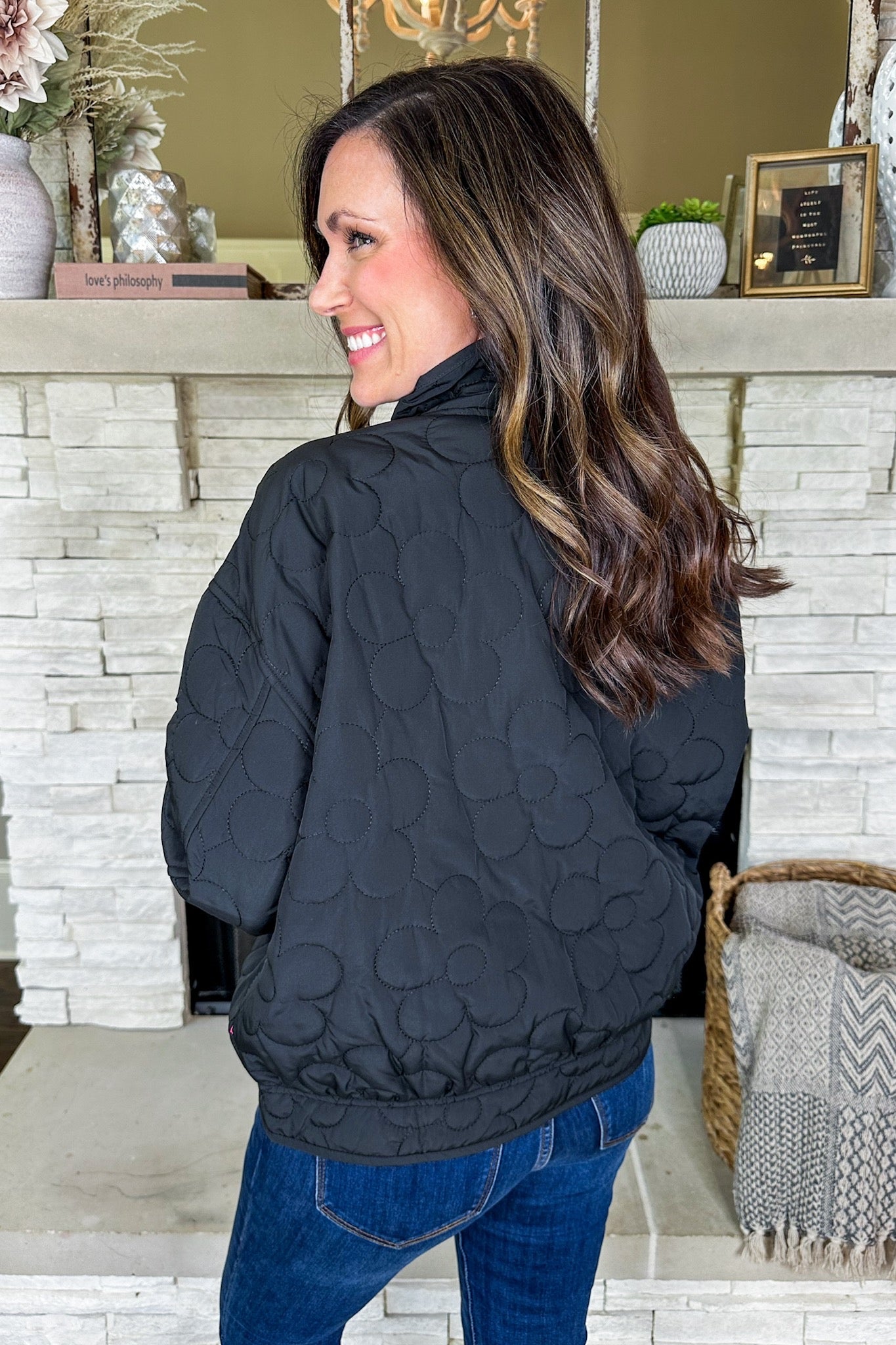 Pink Lined Pocketed Black Flower Quilted Jacket