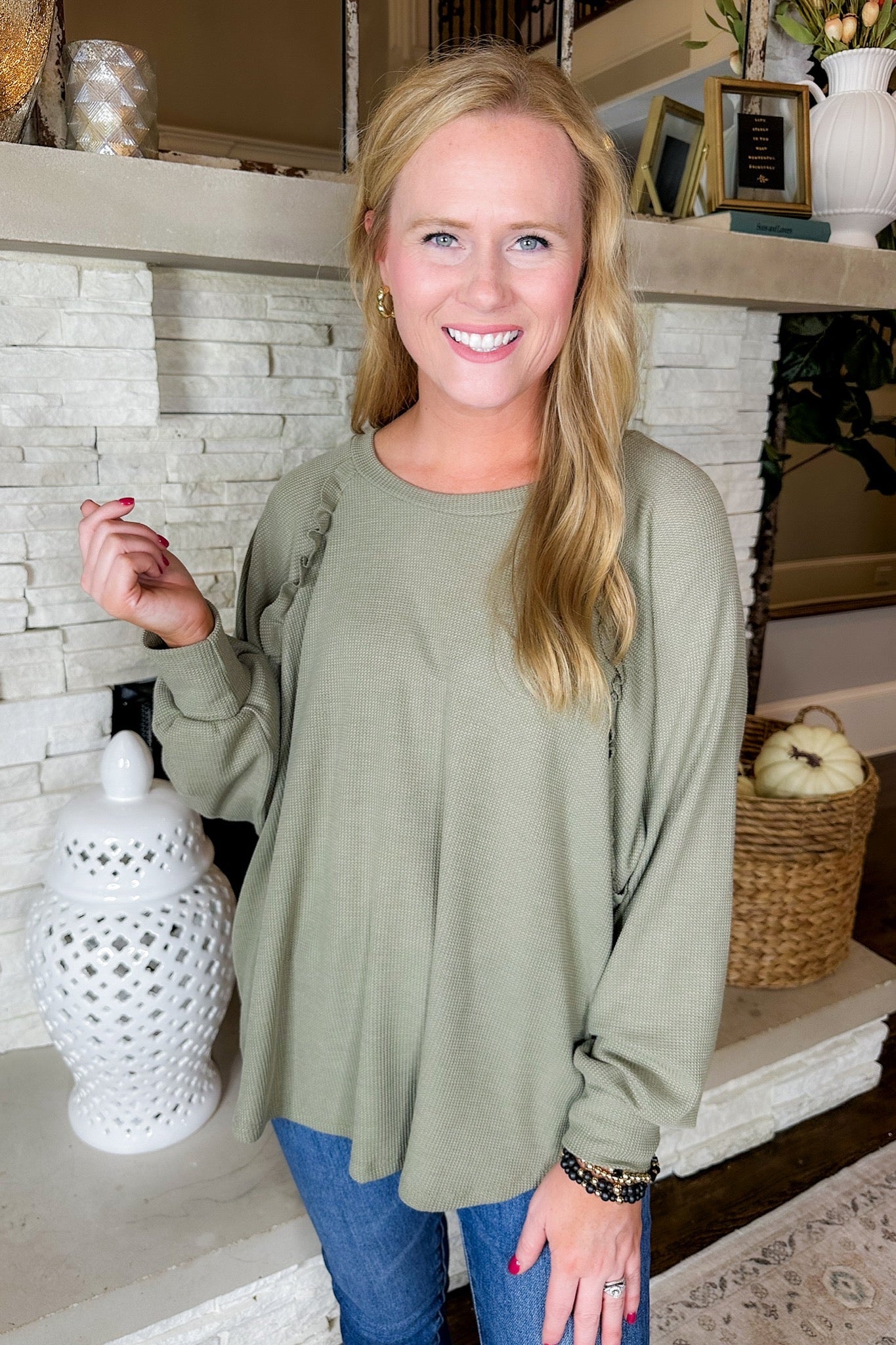 Throw On & Go Ruffle Detailed Long Sleeve Top in Olive