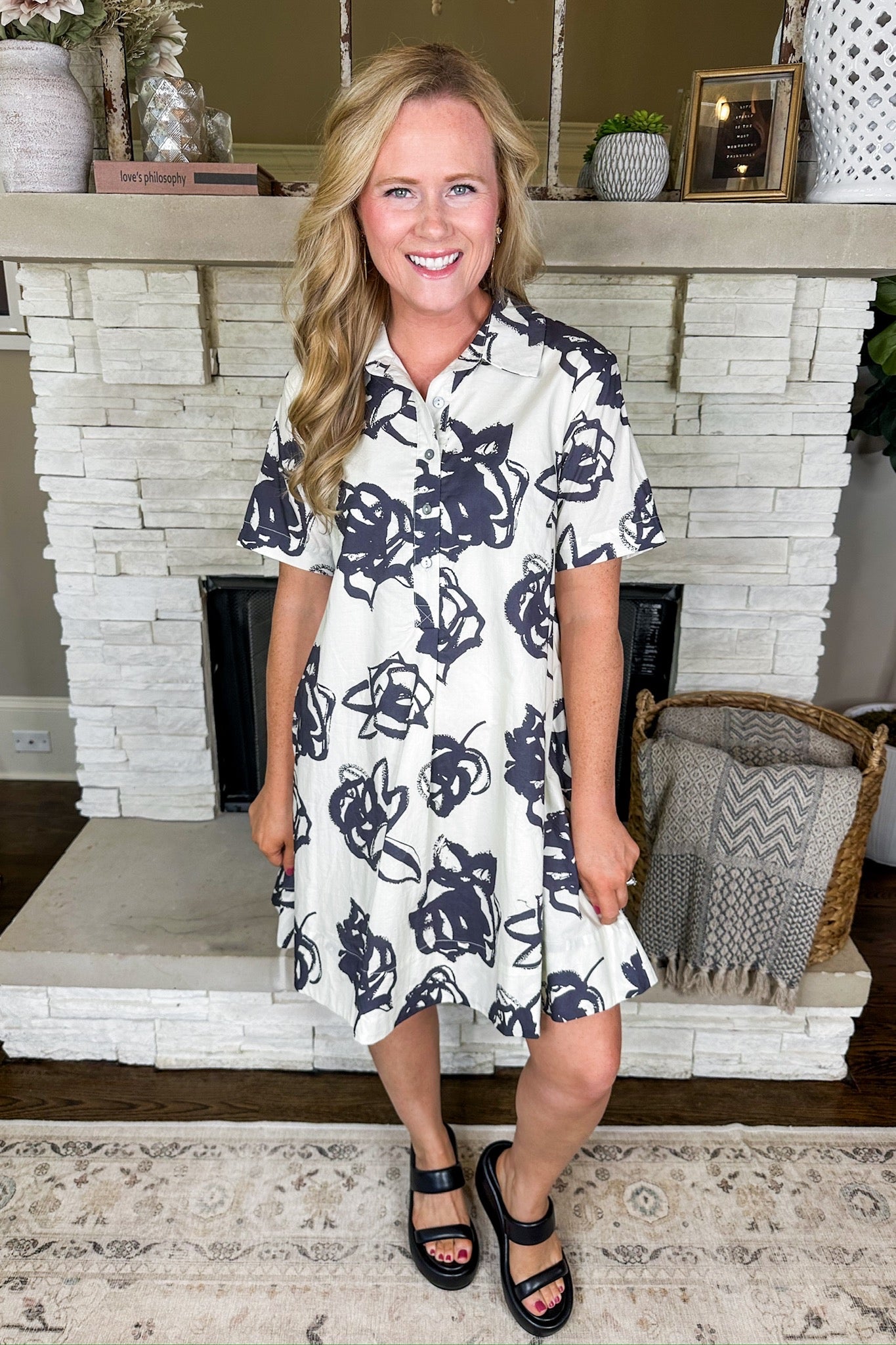 Painted Black Floral Half Button Cream Poplin Dress