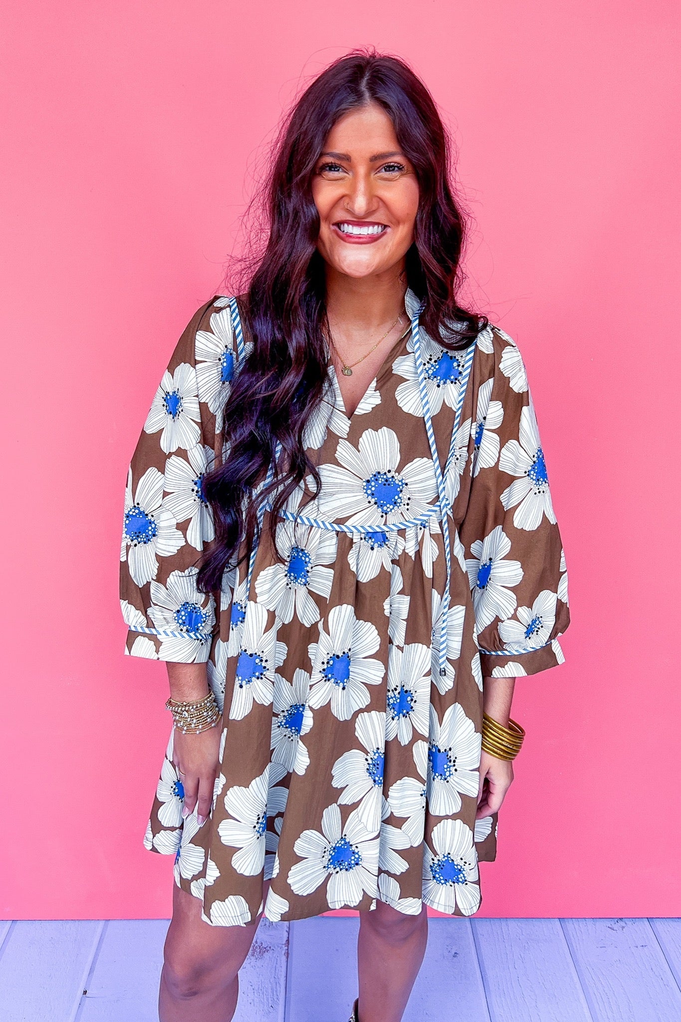 Blue Striped Trim Tie Neck Brown Floral Dress