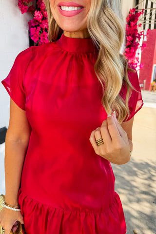 The Amelia Soirée Organza Short Sleeve Dress in Red