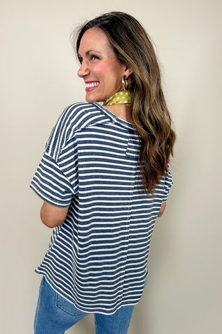 Navy & White Crew Neck Casual Boxy Tee