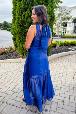 The Amelia Soirée Organza Midi Dress in Navy