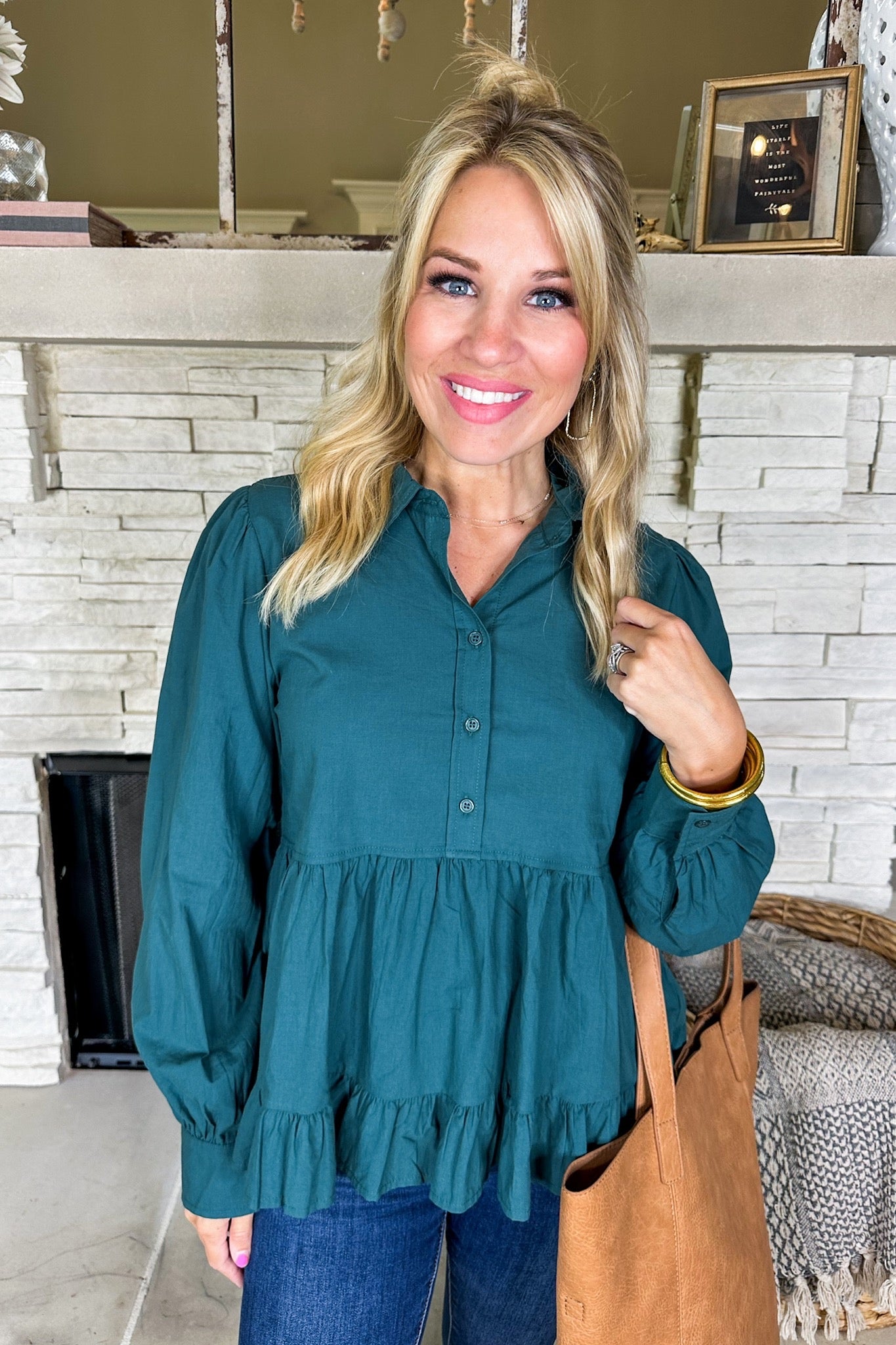 Half Button Down Tiered Babydoll Collared Top in Hunter Green