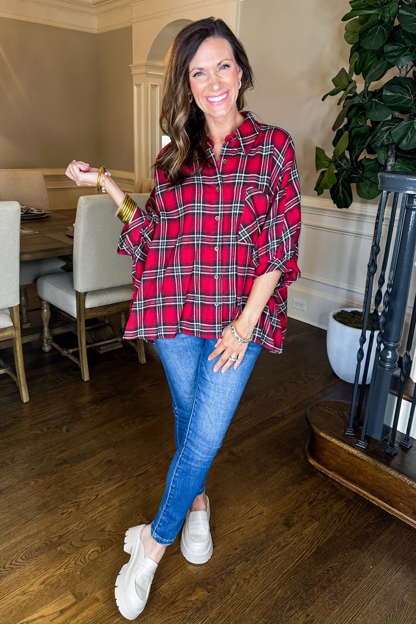 Patch Pocket Button Down Plaid Poncho Top in Red