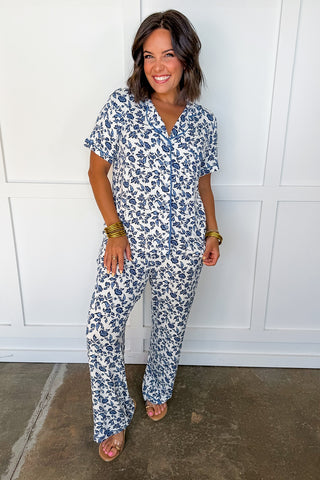 The Charlotte Pajama Pant Set in Ivy Script Navy Floral by Mary Square