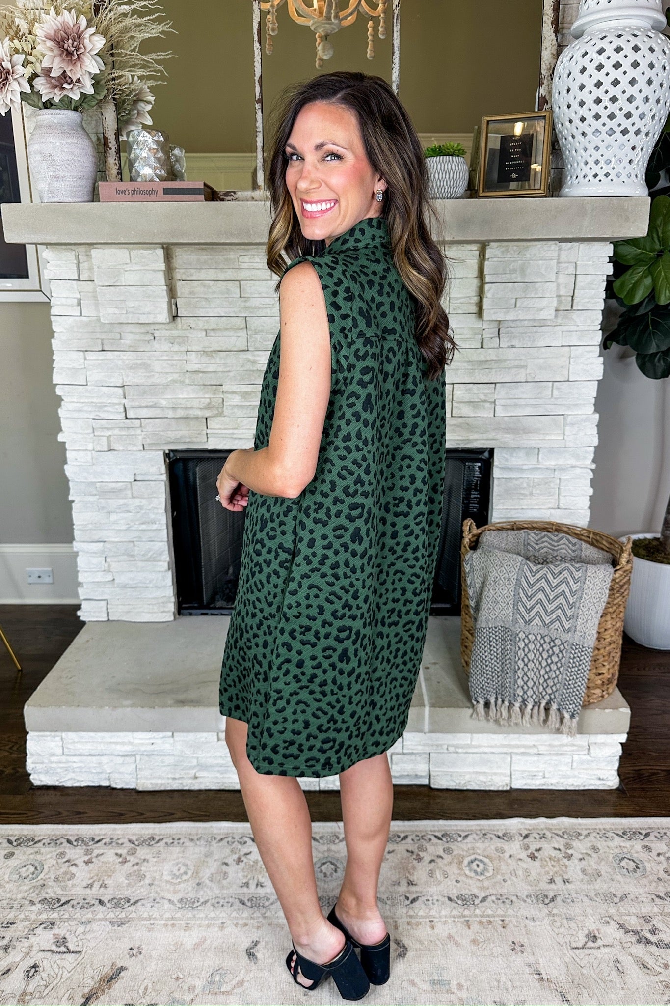 Green Textured Leopard Print Pocketed Dress