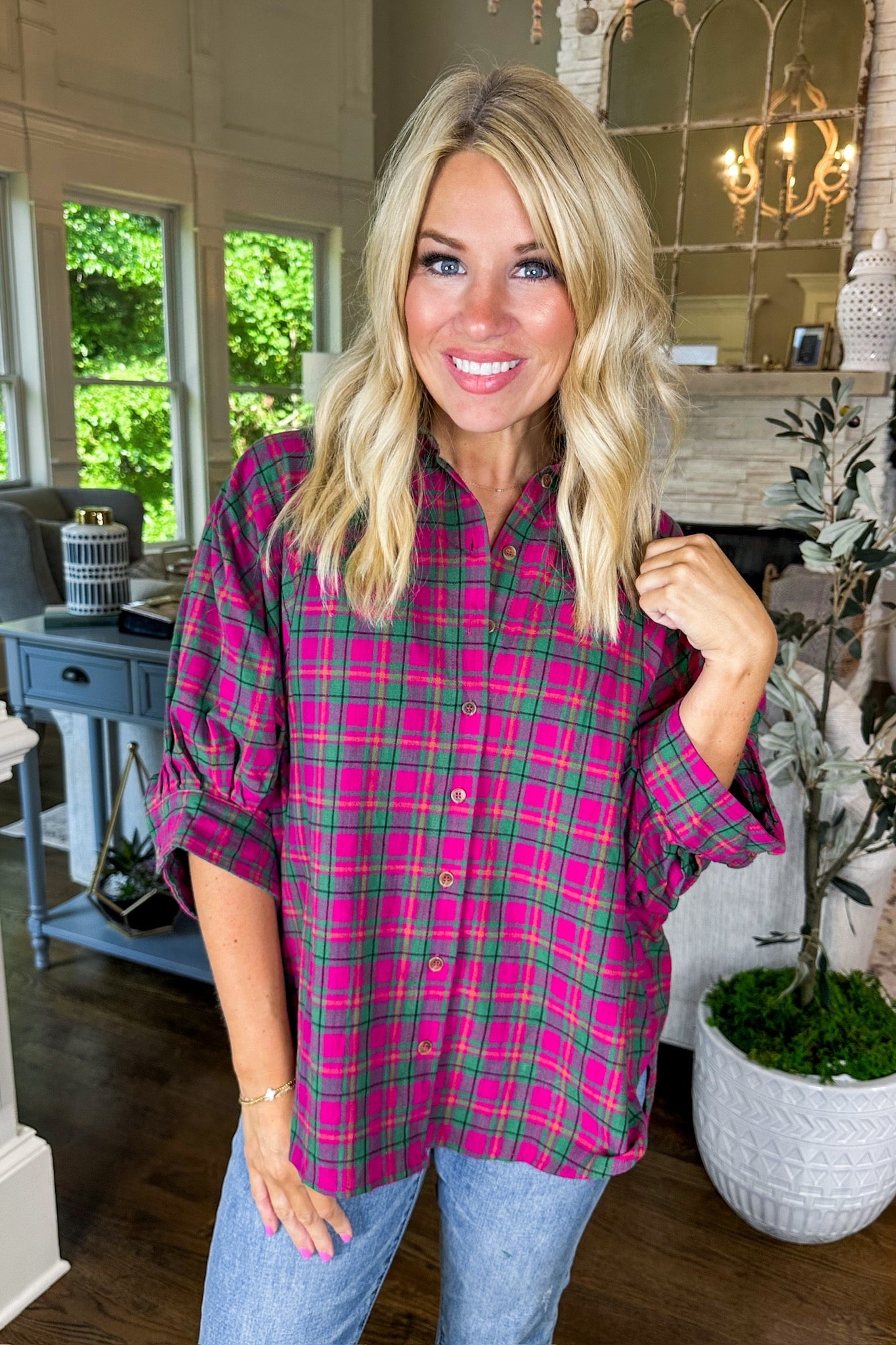 Collared Button Down Magenta Plaid Poncho Top