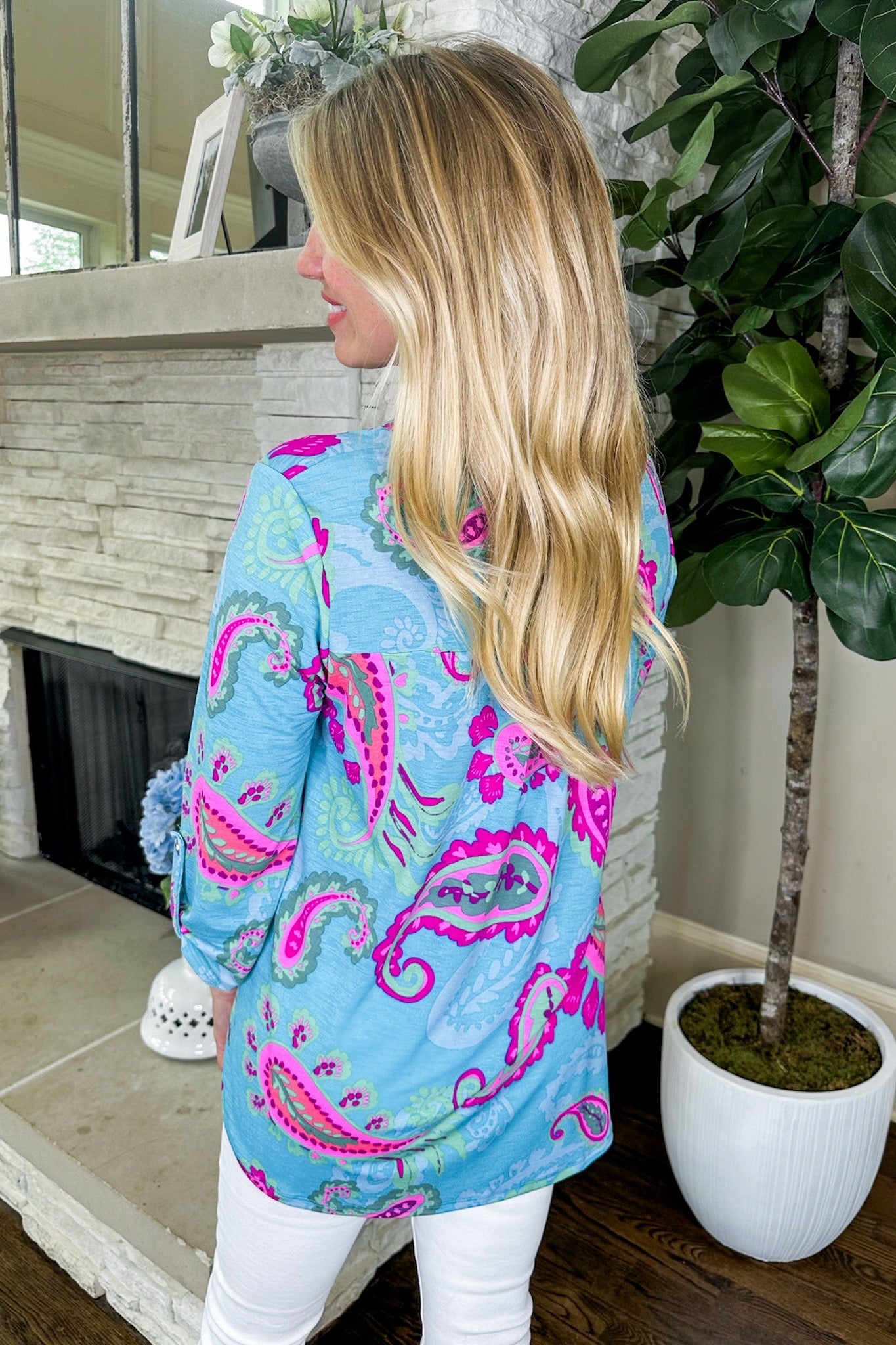The Lizzy Top in Aqua Pink Paisley