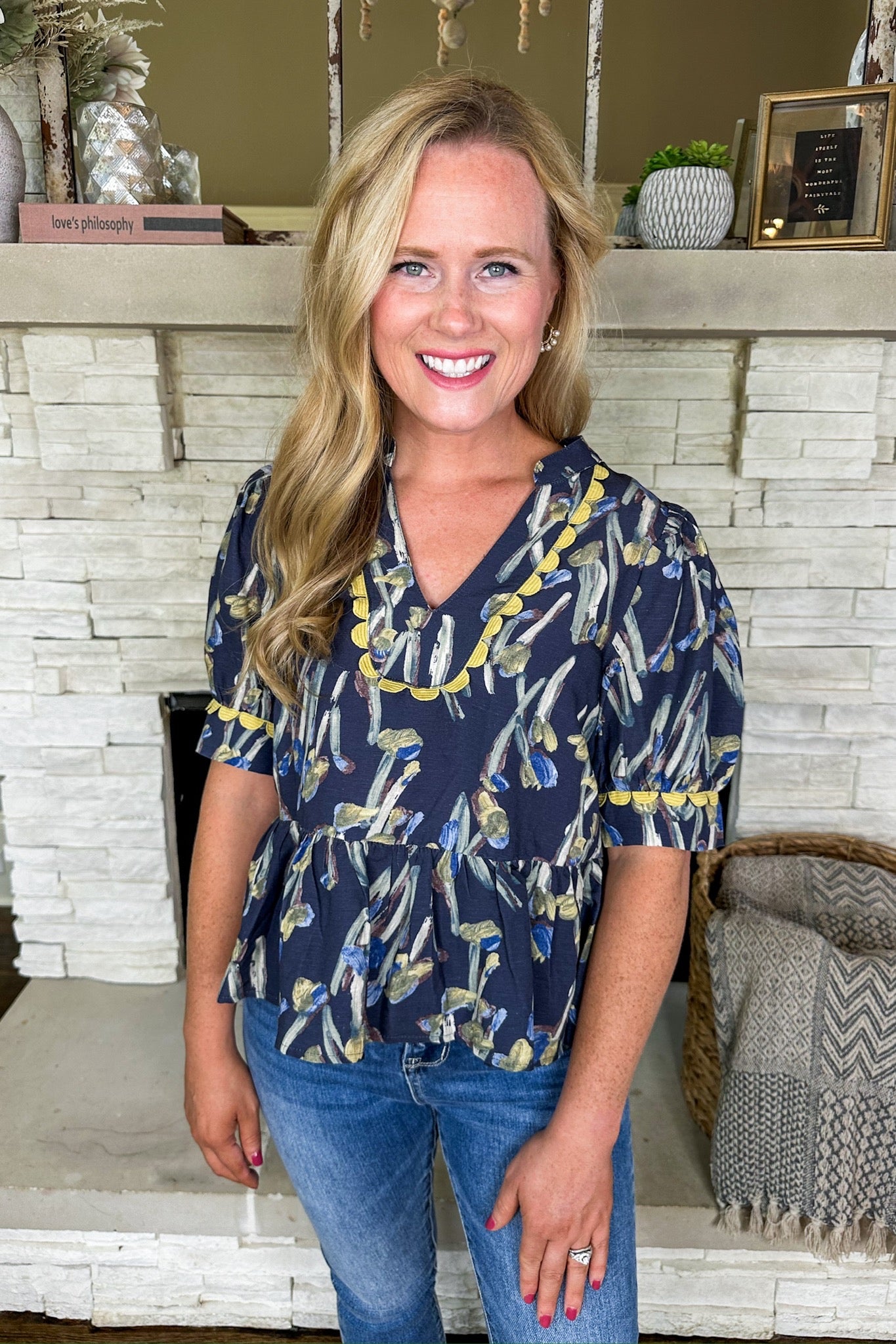 Yellow Scallop Trim Painted Floral Poplin Navy Top