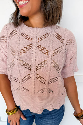 The Delilah Scallop Open Knit Top in Petal Pink