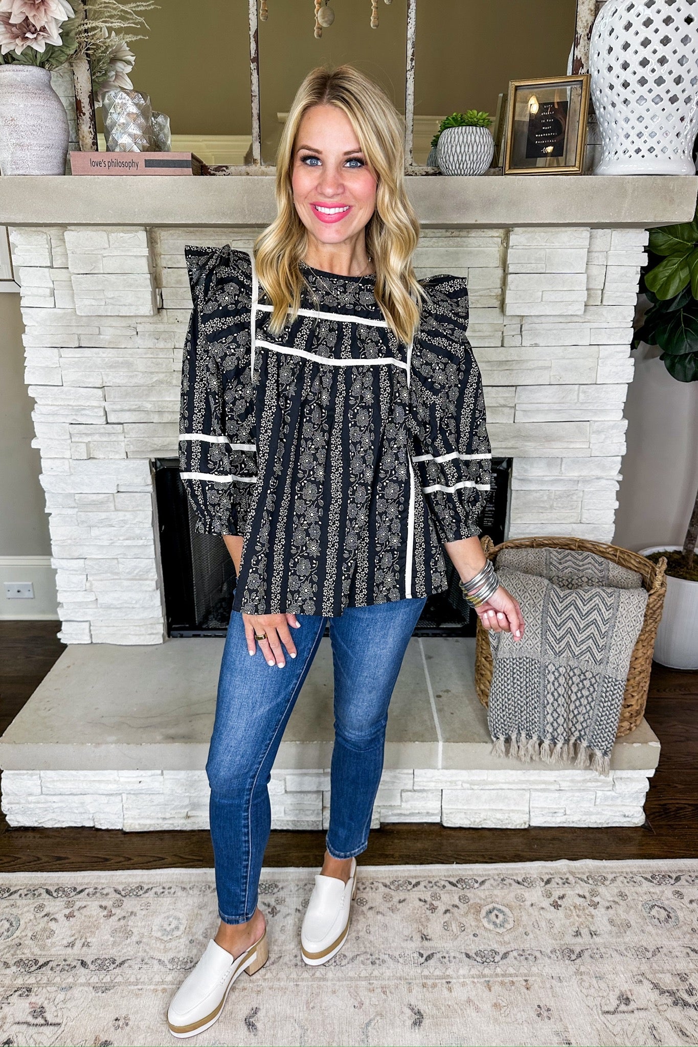 White Trim Floral Striped Black Ruffle Three-Quarter Sleeve Top