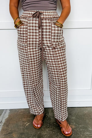 Easy Living Gingham Barrel Pants in Mocha