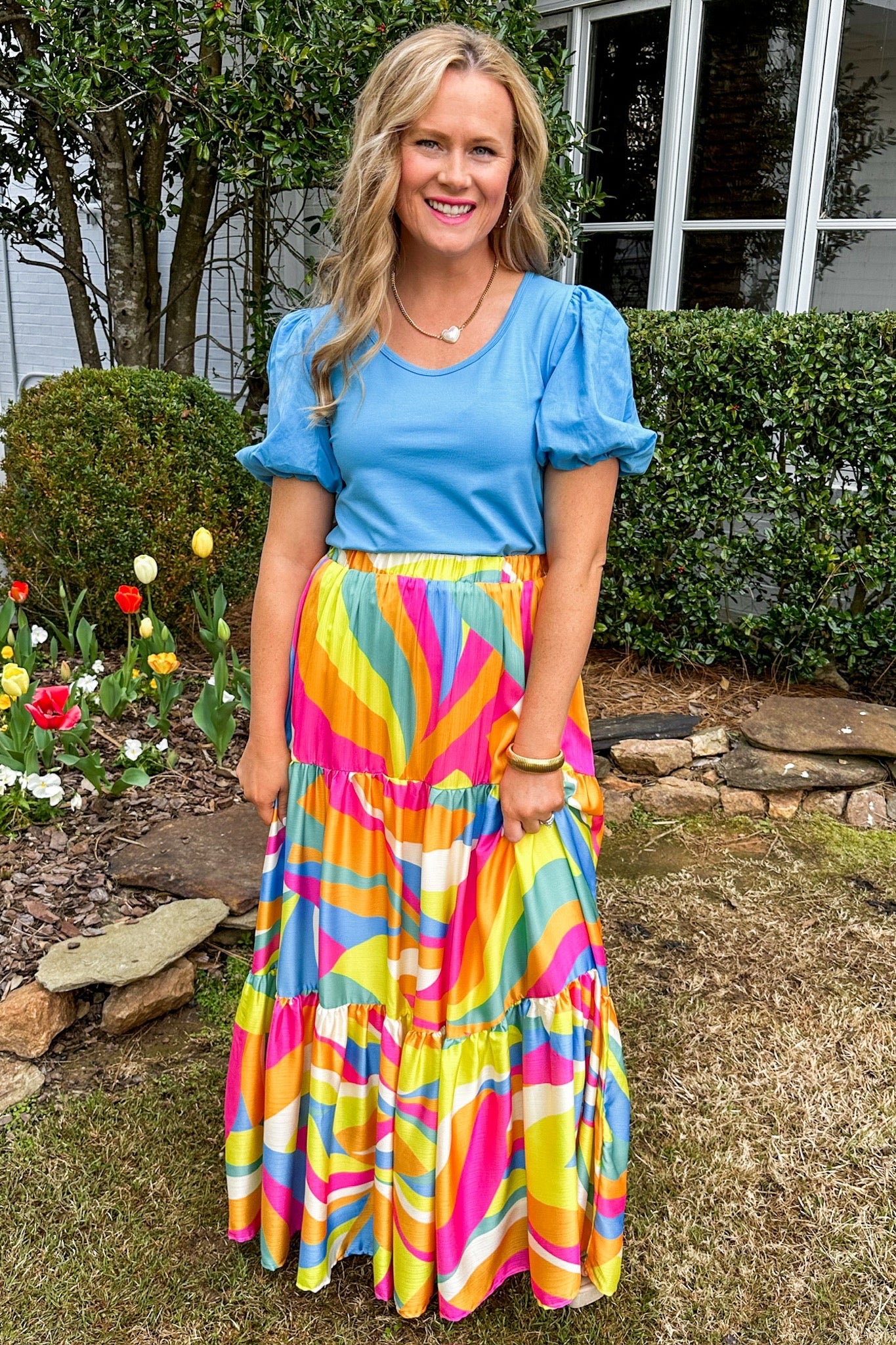Multi Abstract Tiered Stretch Waist Maxi Skirt