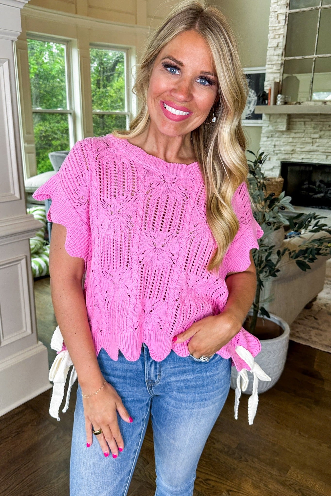 Scalloped Open Knit Side Tie Top in Pink