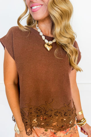 Trimmed In Lace Knit Top in Brown