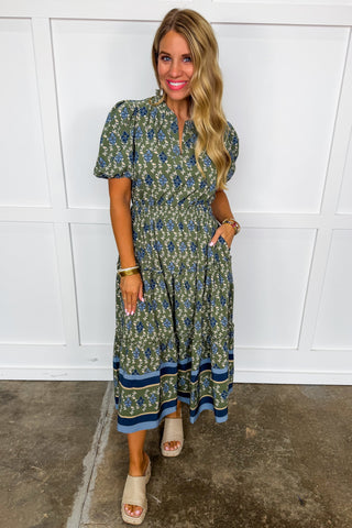 The Lainey Midi Dress in Orchid Damask Olive by Mary Square
