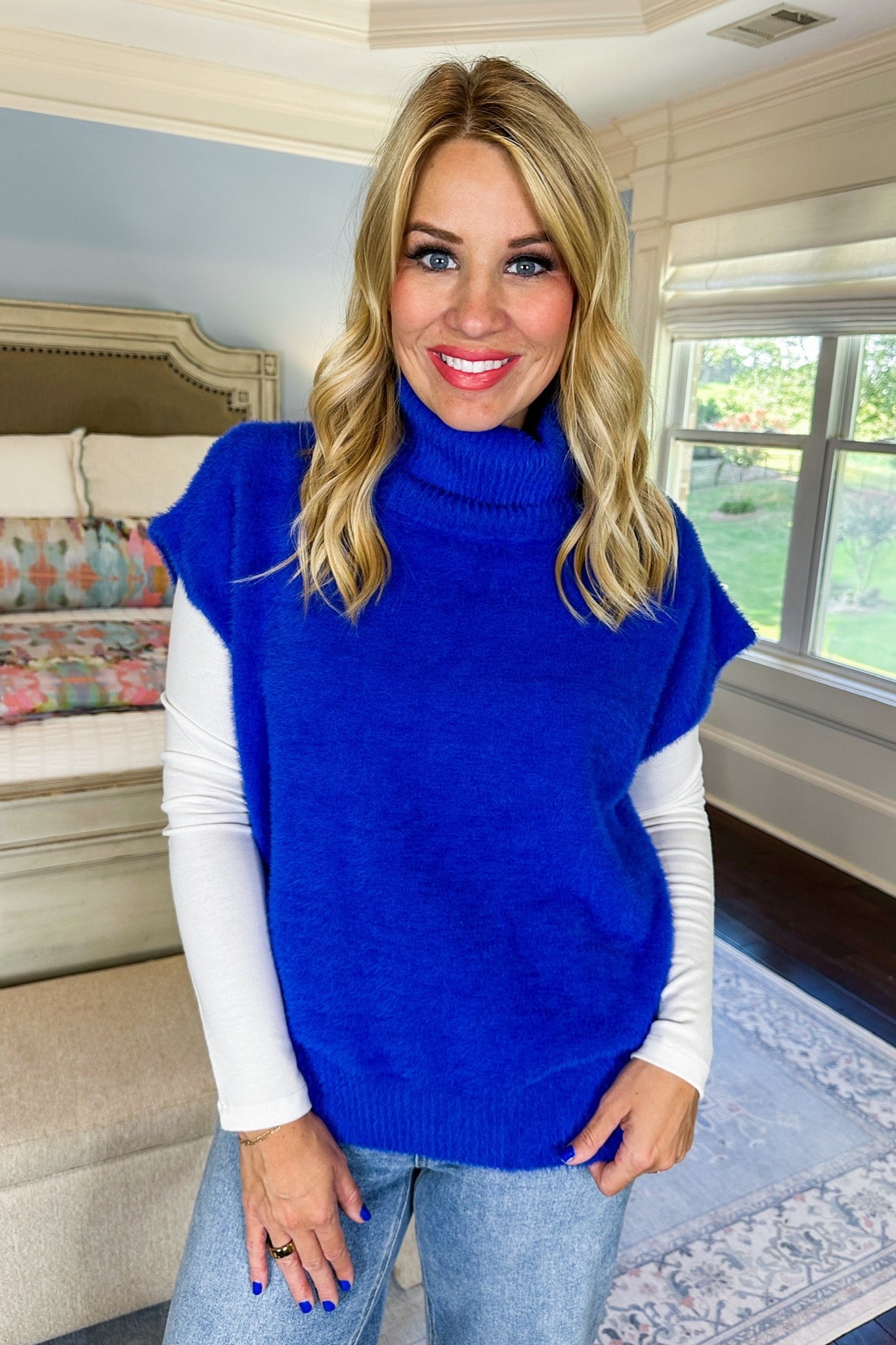 Fuzzy Soft Ribbed Cowl Neck Poncho Top in Royal Blue