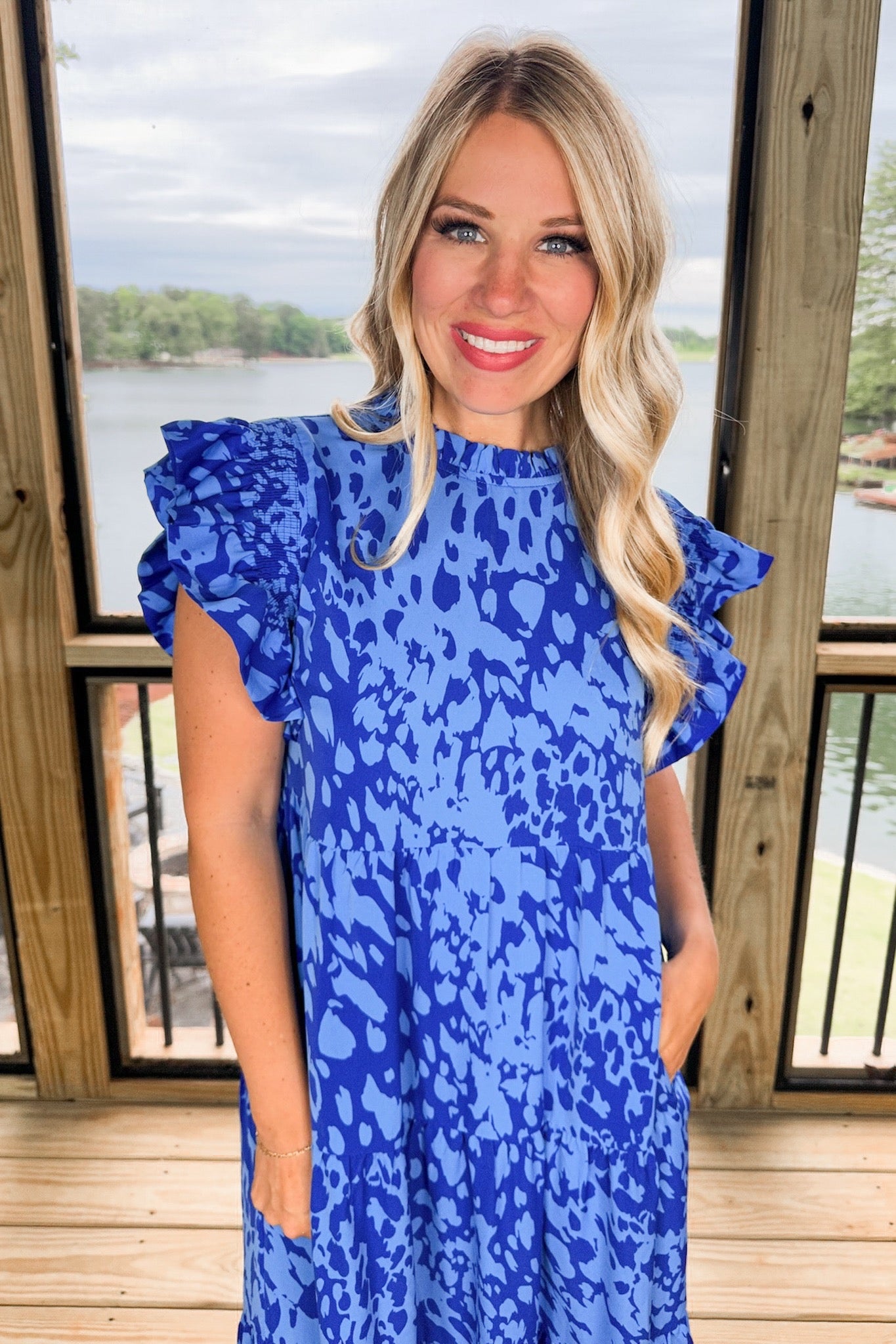 Abstract Animal Print Tiered Midi Dress in Blue