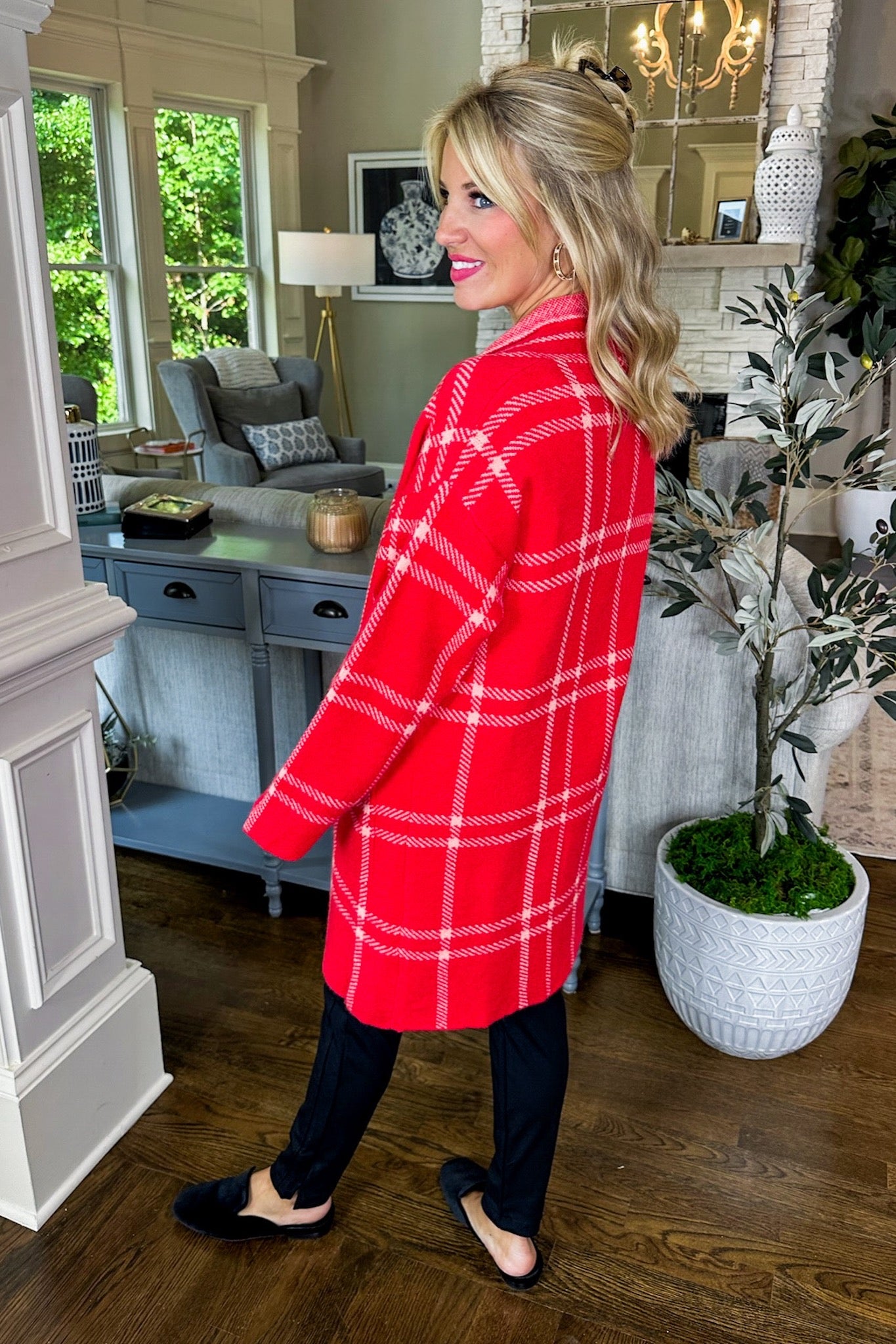 Cozy Oversized Red Plaid Pocketed Long Open Cardigan