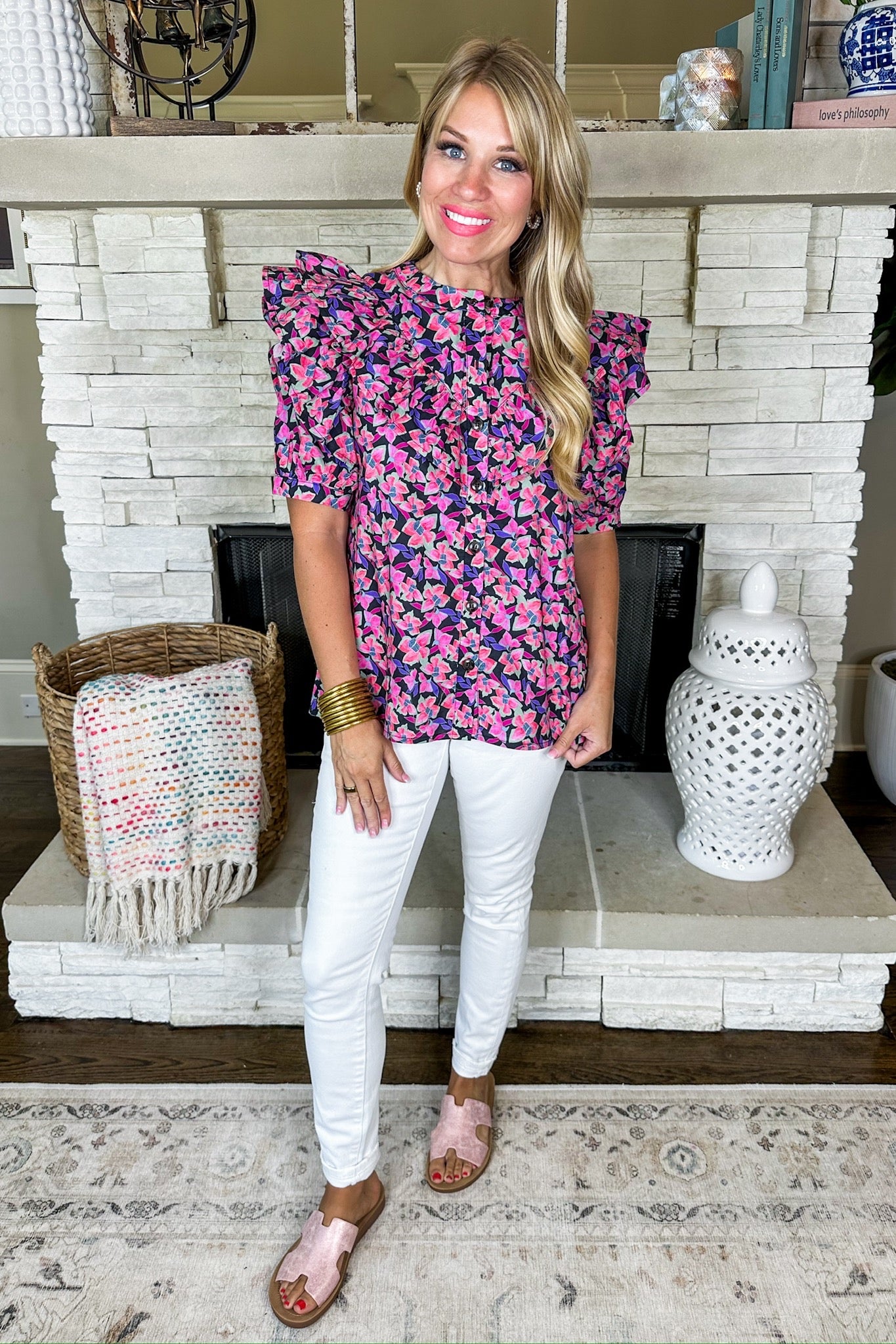 Double Ruffle Sleeve Button Down Flower Print Top