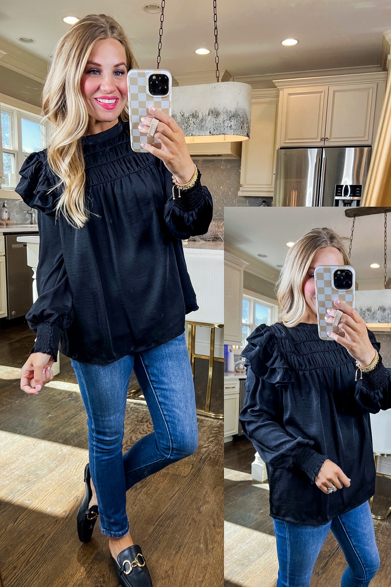 Ruched Neck Double Ruffle Black Satin Top