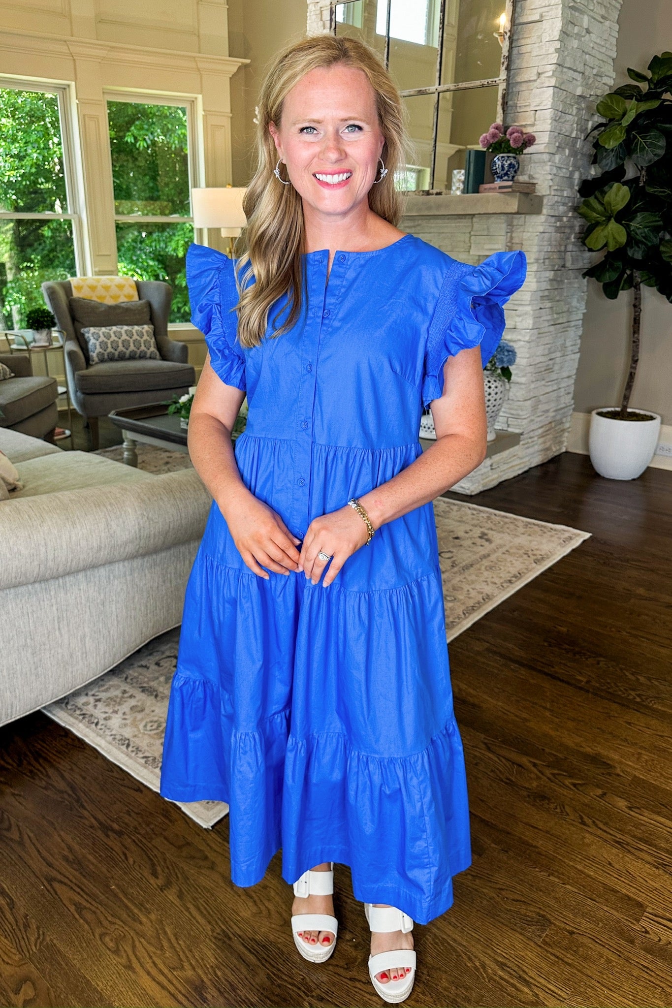 Royal Blue Ruffle Sleeve Button Down Tiered Midi Dress