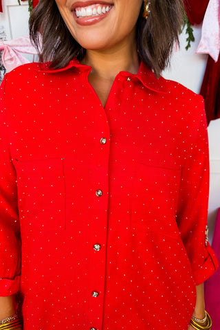 Classic Moment Button Down Dress in Red Rhinestone