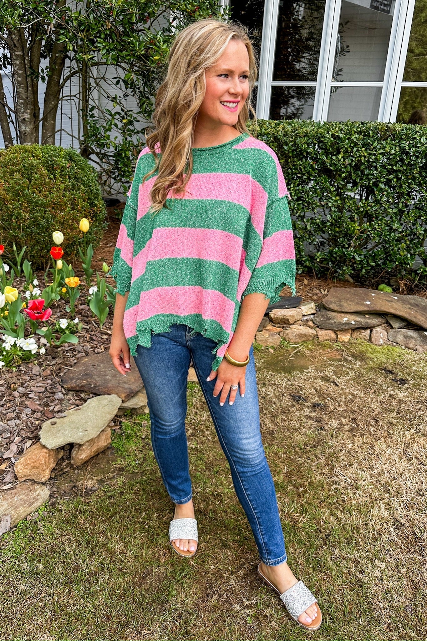Pink & Green Striped Knit Top