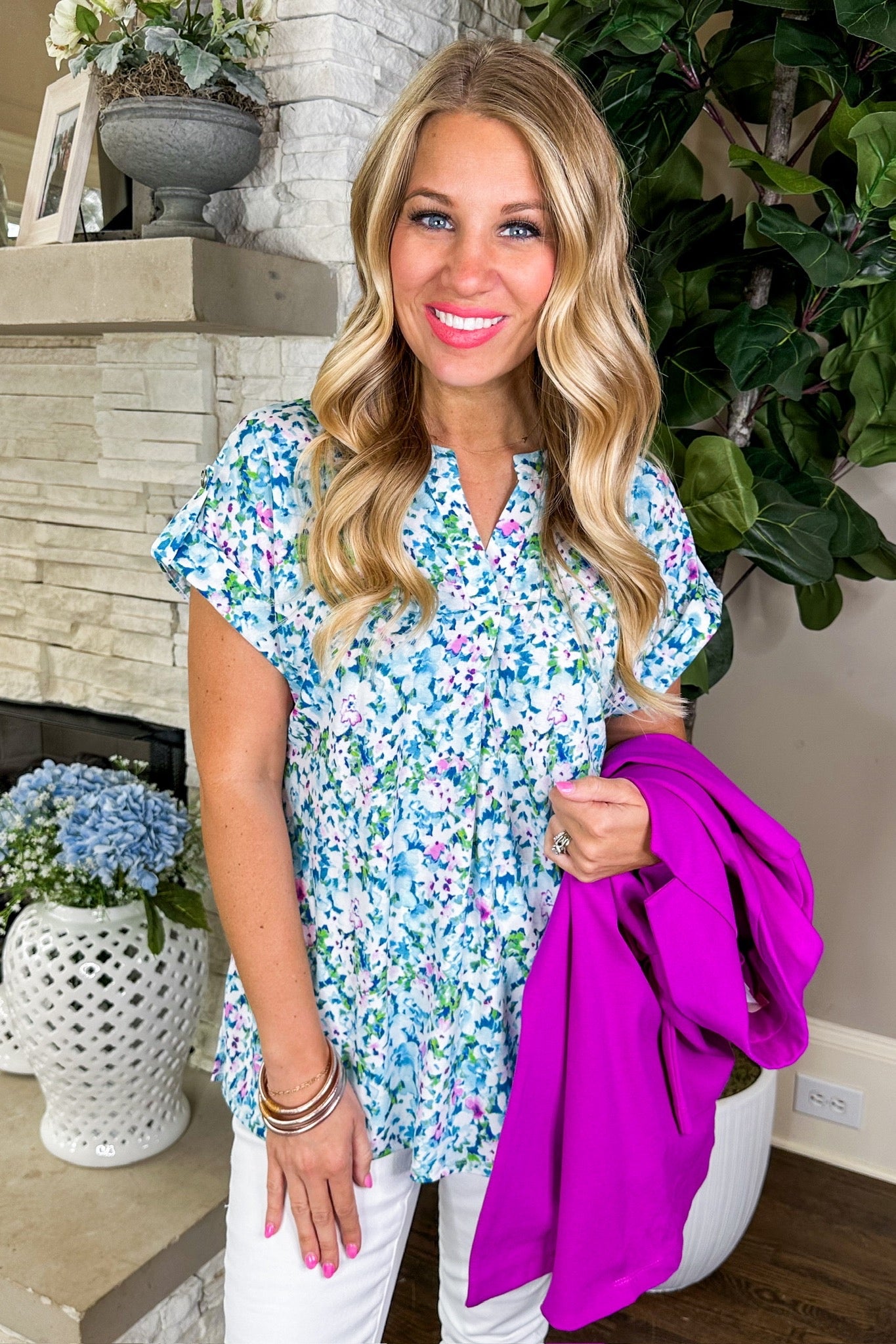 The Lizzy Short Sleeve Top in Light Blue Washed Floral