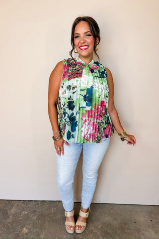 Bright Blooms Pleated Sleeveless Blouse