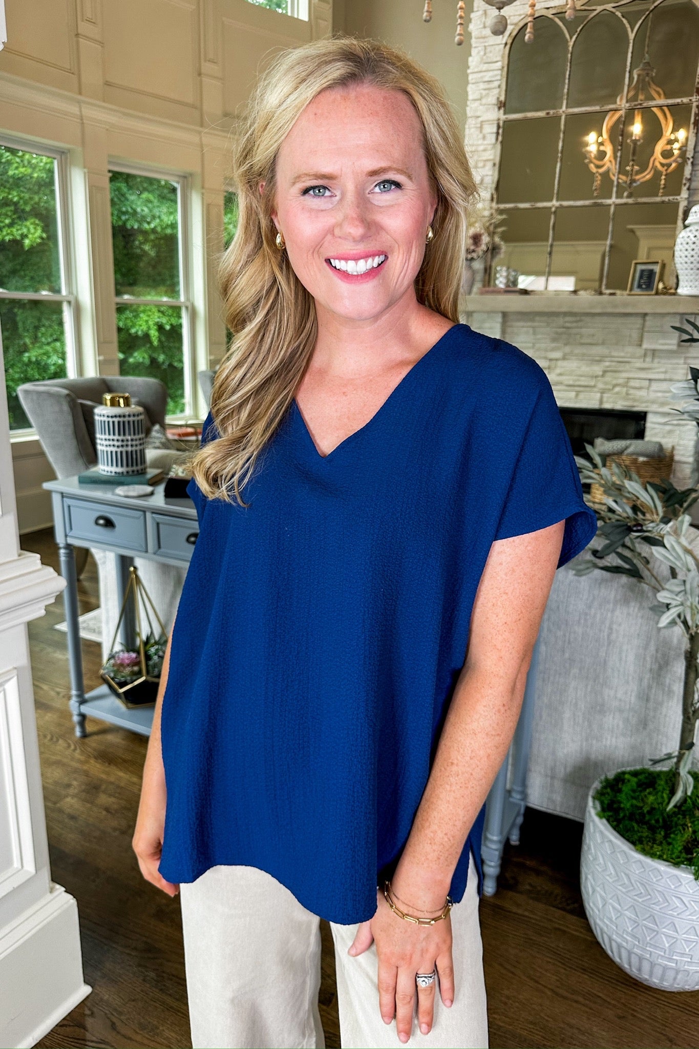 Black Friday Deal - The Whitney Textured V Neck Staple Shift Top Navy