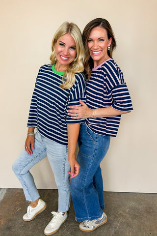 Navy Blue & Green Striped Boxy Tee